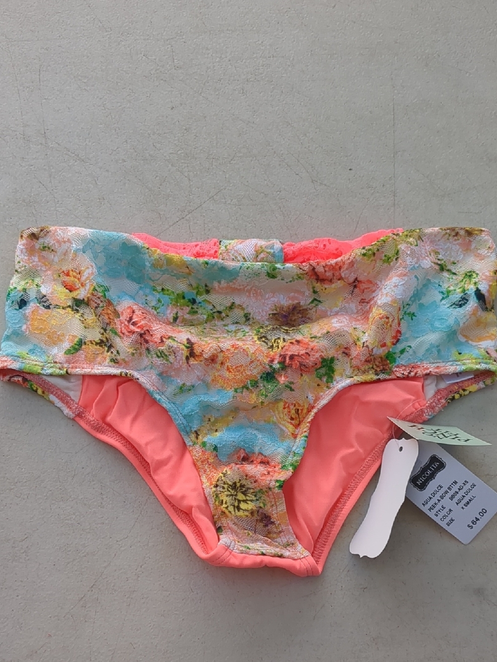 Nicolita Coral Floral Lace Bikini Bottoms with Aqua Accents